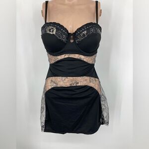 Popsi Lingerie Silver Embroidered Lace /Black Babydoll Size M